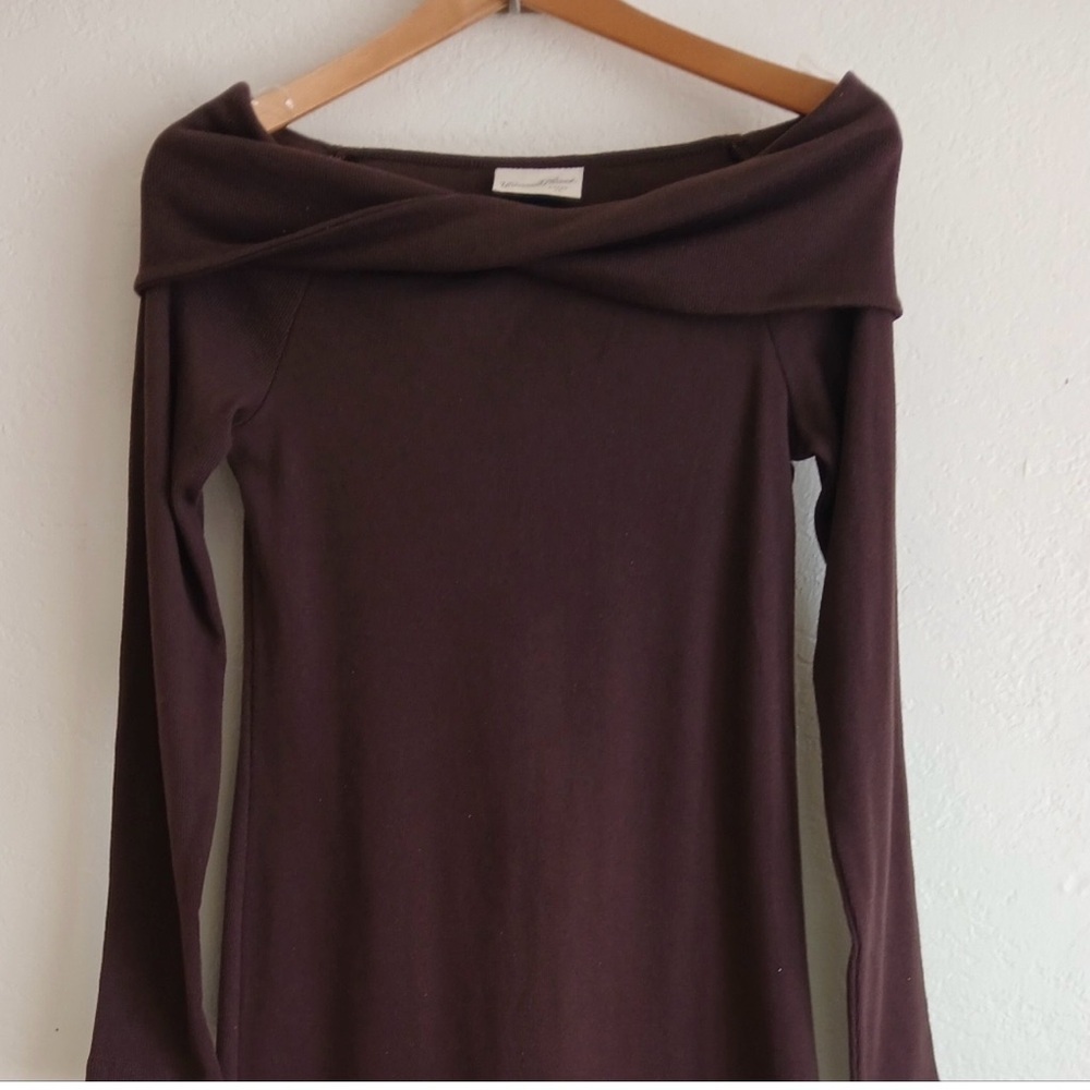 NWT Chocolate Brown Off Shoulder Ribbed Midi Dress Long Sleeve Bodycon Medium - Picture 7 of 13